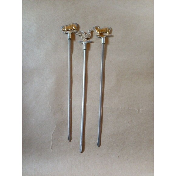 Lot Of 3 Rooster Cow Pig Skewers Kabobs 11.5" - Picture 1 of 5